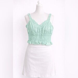 Mint Green Smocked Eyelet Ruffle Crop Top Cottagecore Spring Tank